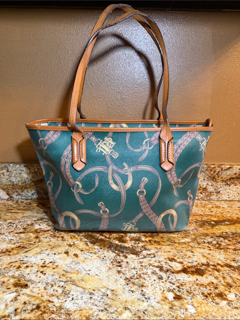 Ralph Lauren Green Printed Tote Bag with Tan Trim